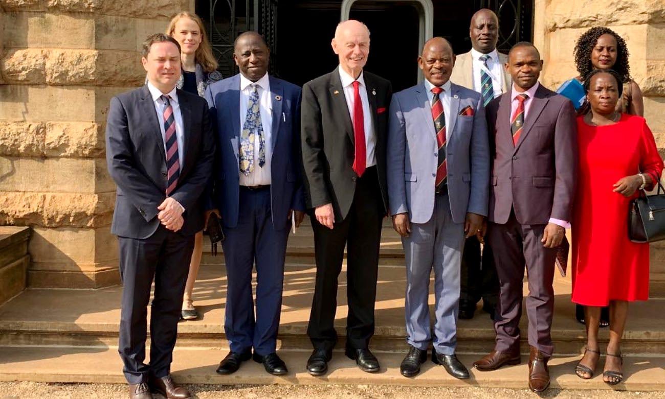 The Vice Chancellor-Prof. Barnabas Nawangwe (3rd Right) and WHS President-Prof. Detlev Ganten (3rd Left) pose for a group photo with DVCAA-Dr. Umar Kakumba (2nd Right), Principal CHS-Prof. Charles Ibingira (2nd Left), Executive Director IDI-Dr. Andrew Kambugu (Rear 2nd Right) and other officials after the meeting on 7th January 2020, Makerere University, Kampala Uganda.