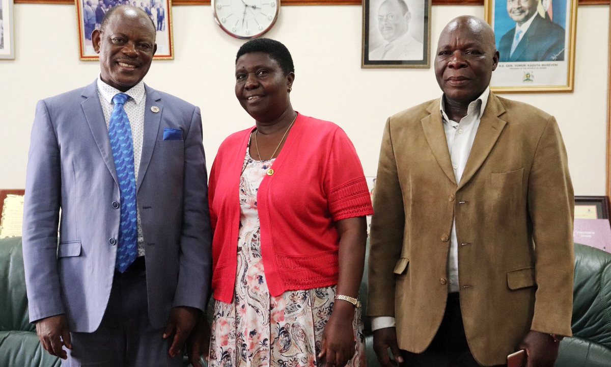 The Vice Chancellor-Prof. Barnabas Nawangwe (Left) with Maj. Martha Asiimwe and another official during the visit on 16th December 2019, Makerere University, Kampala Uganda.