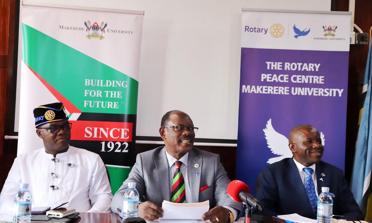 The Vice Chancellor-Prof. Barnabas Nawangwe (Centre) flanked by VP, Rotary International Board of Directors-Mr. Olayinka Babalola (Left) and Rotary District 9211 Governor-Mr. Francis Xavier Sentamu (Right) responds to a question during the Media Launch of the Rotary Peace Centre at Makerere University, Kampala Uganda on 9th January 2020.