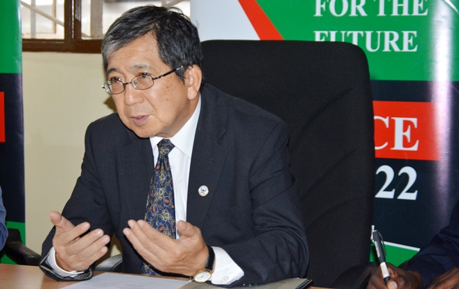 The Ambassador of Japan to Uganda, H.E. Kazuaki Kameda addresses the meeting during his visit to AICAD Uganda Country Office, Makerere University, Kampala Uganda on 17th April 2019.