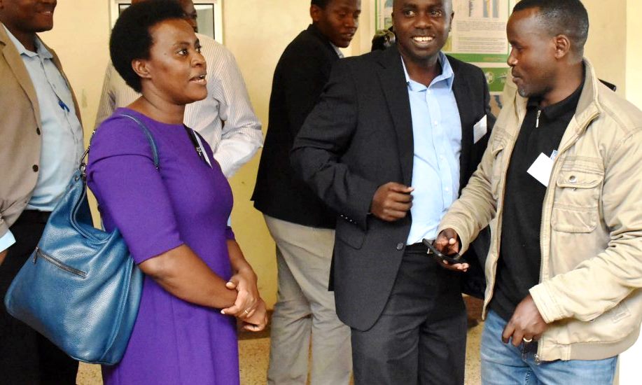 The CapNex Project Coordinator (Makerere), Dr. Jeninah Karungi (Left) interacts with participants during the policy dialogue on water and food security held on 31st January 2020, Conference Hall, SFTNB, CAES, Makerere University, Kampala Uganda.