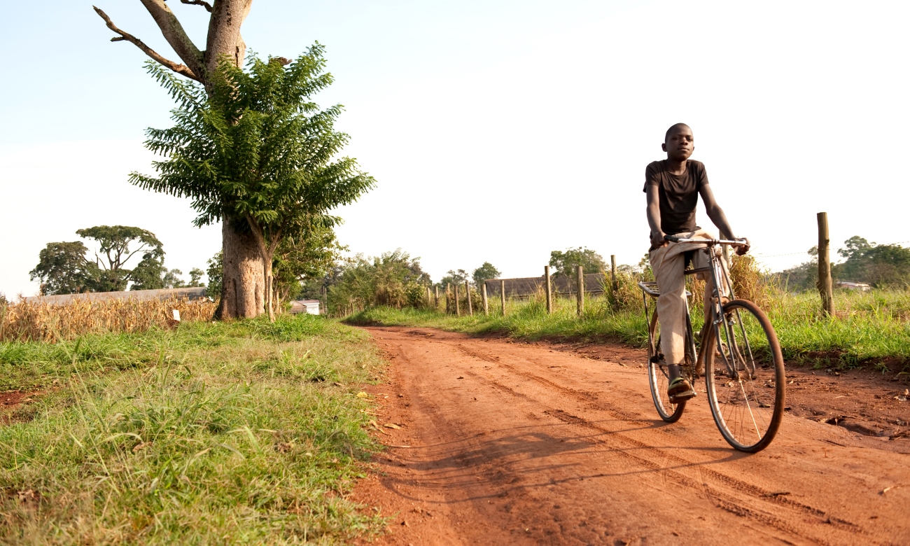 A boy rides a bicycle on a rod in the vicinity of the Makerere University Agricultural Research Institute Kabanyolo (MUARIK), Wakiso Uganda. Date taken: 13th August 2020.