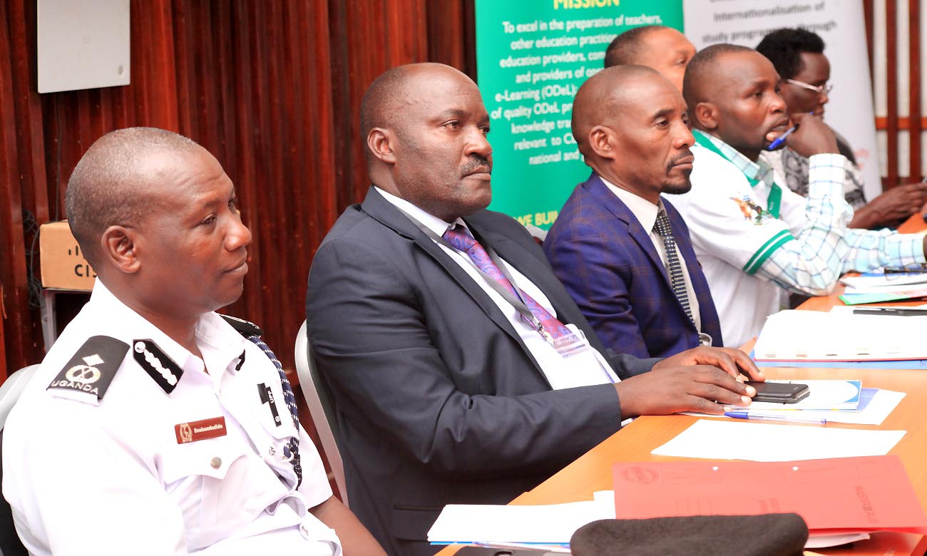 L-R: ACP Charles Ssembambulidde, Principal CEES-Prof. Fred Masagazi Masaazi and other officials including the Mayor Namayingo Town Council, Eng. Ronald Amanyire and Dr. Jessica Aguti who attended the Public Dialogue organised by the Enhancing Behavioral Change of Boda-boda Riders in Uganda Using Mobile Learning (EBoML) Project on 27th February 2020, AVU Room, CEES, Makerere University, Kampala Uganda.