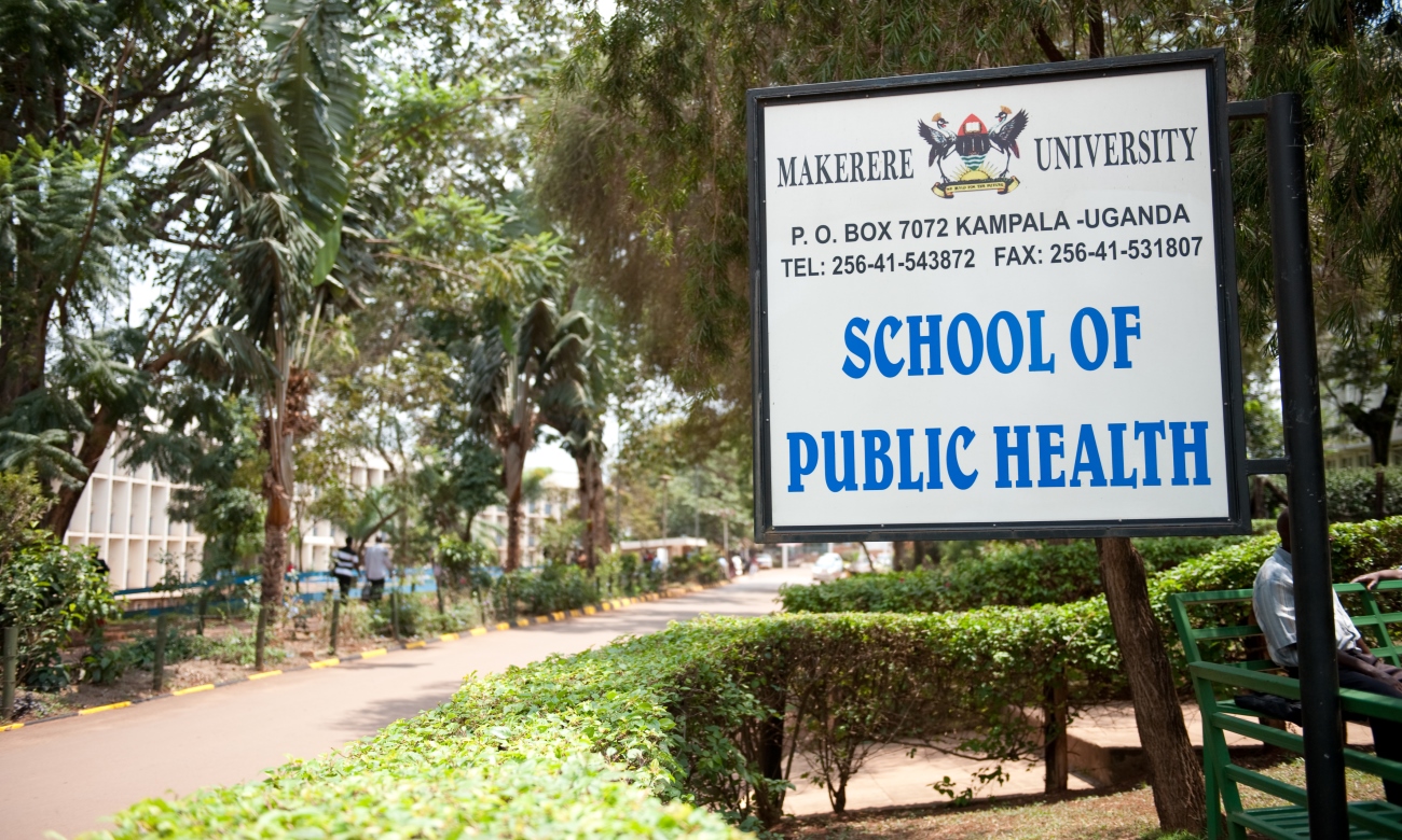 A sign outside the Makerere University School of Public Health (MakSPH), College of Health Sciences (CHS), Mulago Hospital Complex, Kampala Uganda.