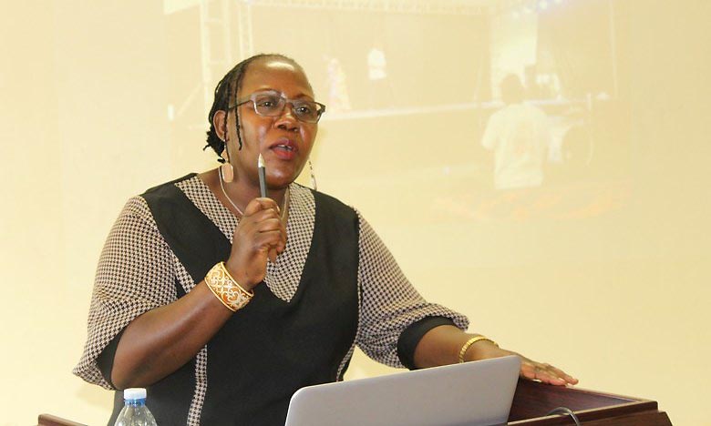 The Acting Principal, College of Humanities and Social Sciences (CHUSS), Dr. Josephine Ahikire makes a presentation at an earlier event. Dr. Ahikire was appointed Honorary Professor of the Nelson Mandela University on 1st February 2020.