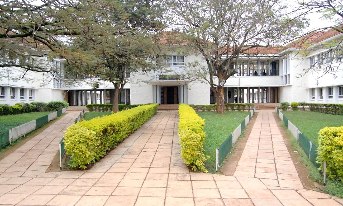 A front view of the Arts Building and Quadrangle, College of Humanities and Social Sciences (CHUSS), Makerere University, Kampala Uganda.