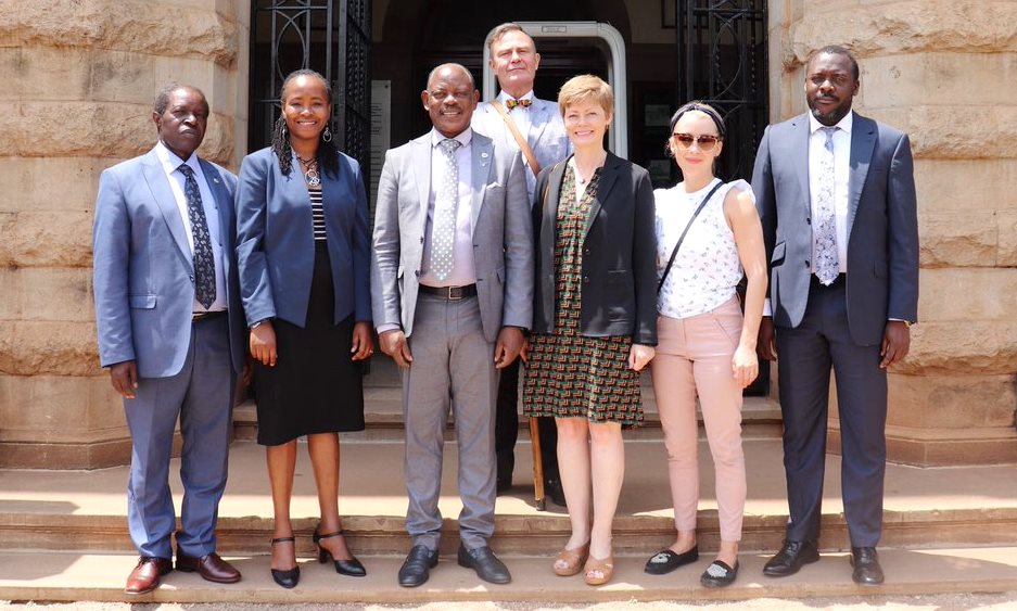 The Vice Chancellor-Prof. Barnabas Nawangwe (3rd Left) and the Ambassador of Iceland to Uganda H.E. Unnur Orradottir (3rd Right) flanked by L-R: DVCFA-Prof. William Bazeyo, Dean SWGS-Dr. Sarah Ssali, Ag. US-Mr. Yusuf Kiranda and Embassy officials pose for a group photo after the Meeting and MoU signing ceremony on 12th February 2020, Makerere University, Kampala Uganda.
