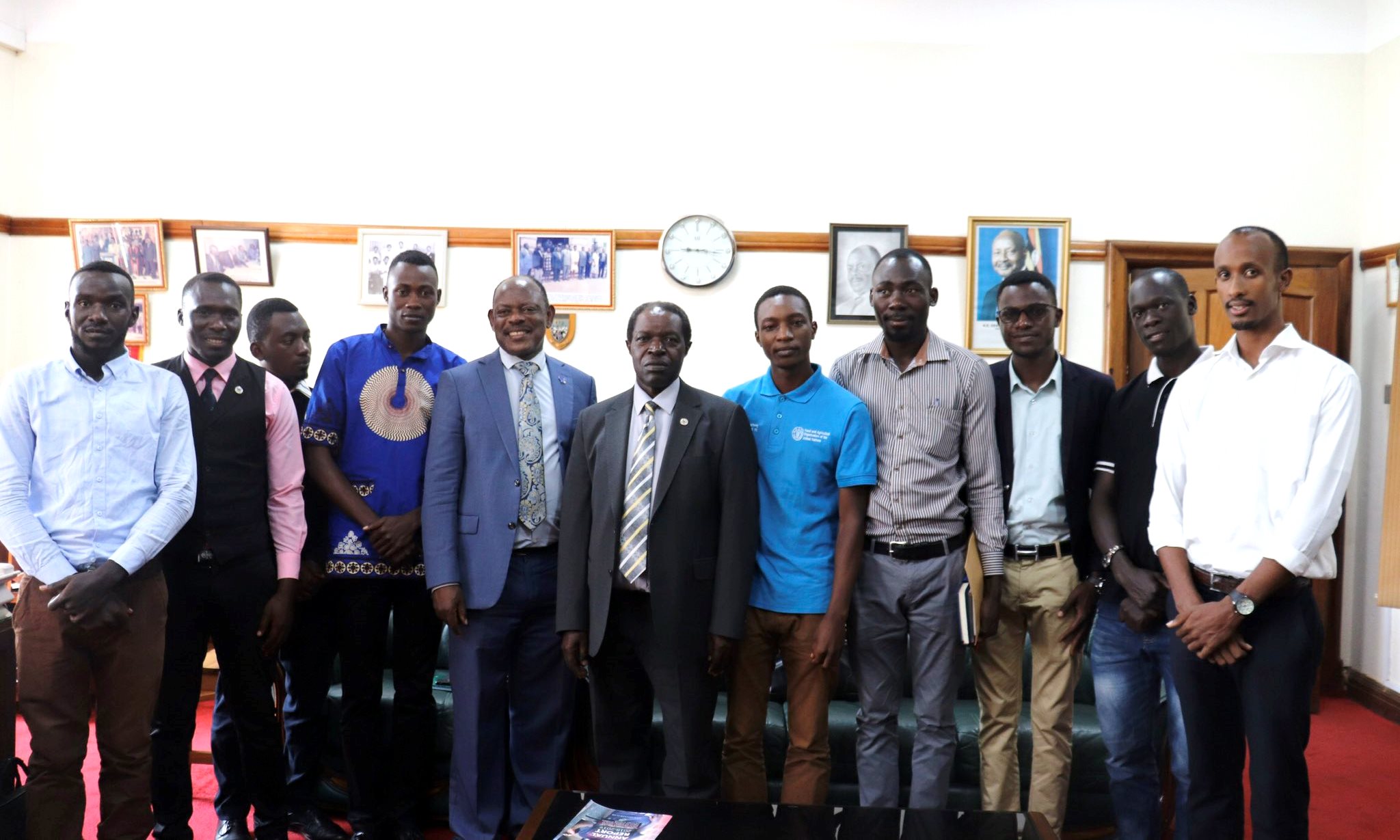The Vice Chancellor-Prof. Barnabas Nawangwe (5th Left) and Ag. DVCFA-Prof. William Bazeyo (Centre) with students who plan to promote Agricultural Education in Secondary Schools through competitions after the meeting on 11th February 2020, Makerere University, Kampala Uganda.