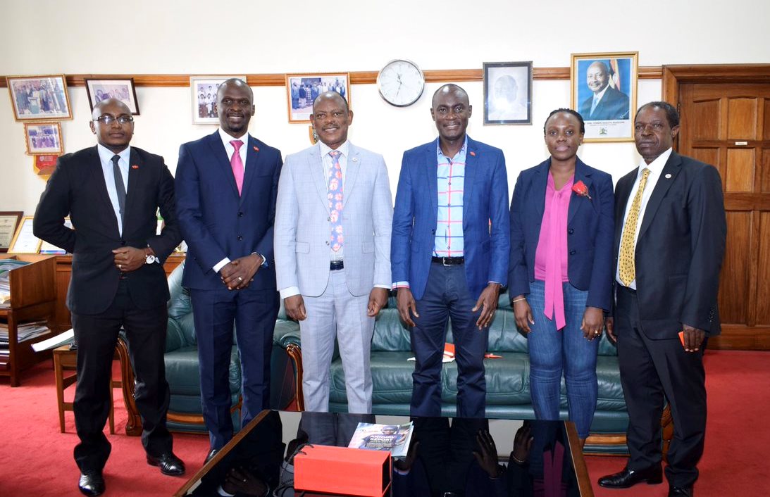 The Vice Chancellor-Prof. Barnabas Nawangwe (3rd Left) and DVCFA-Prof. William Bazeyo (Right) pose for a group photo with representatives of the UBA Group after their meeting on 17th February 2020, Makerere University, Kampala Uganda.