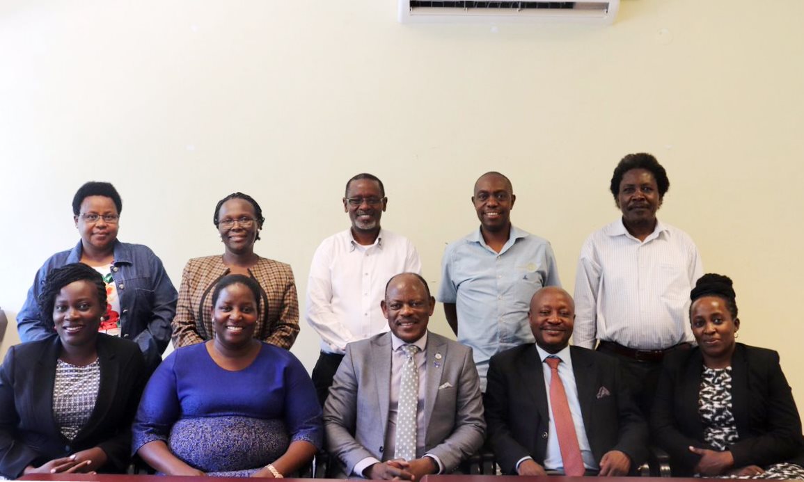 The Vice Chancellor-Prof. Barnabas Nawangwe (Centre) poses for a group photo with Rotary Peace Centre Advisory Board after their first meeting on 12th February 2020, CTF 1, Makerere University, Kampala Uganda.