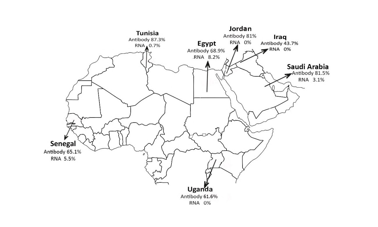 Countries involved in this study. Results are indicated for each country as percentage of detected virus (RNA) and seropositive rate (Antibody) for Middle East respiratory syndrome coronavirus (MERS-CoV). Maps adapted from http://d-maps.com/index.php. Source: MERS-COV in Camels in Africa and middle east