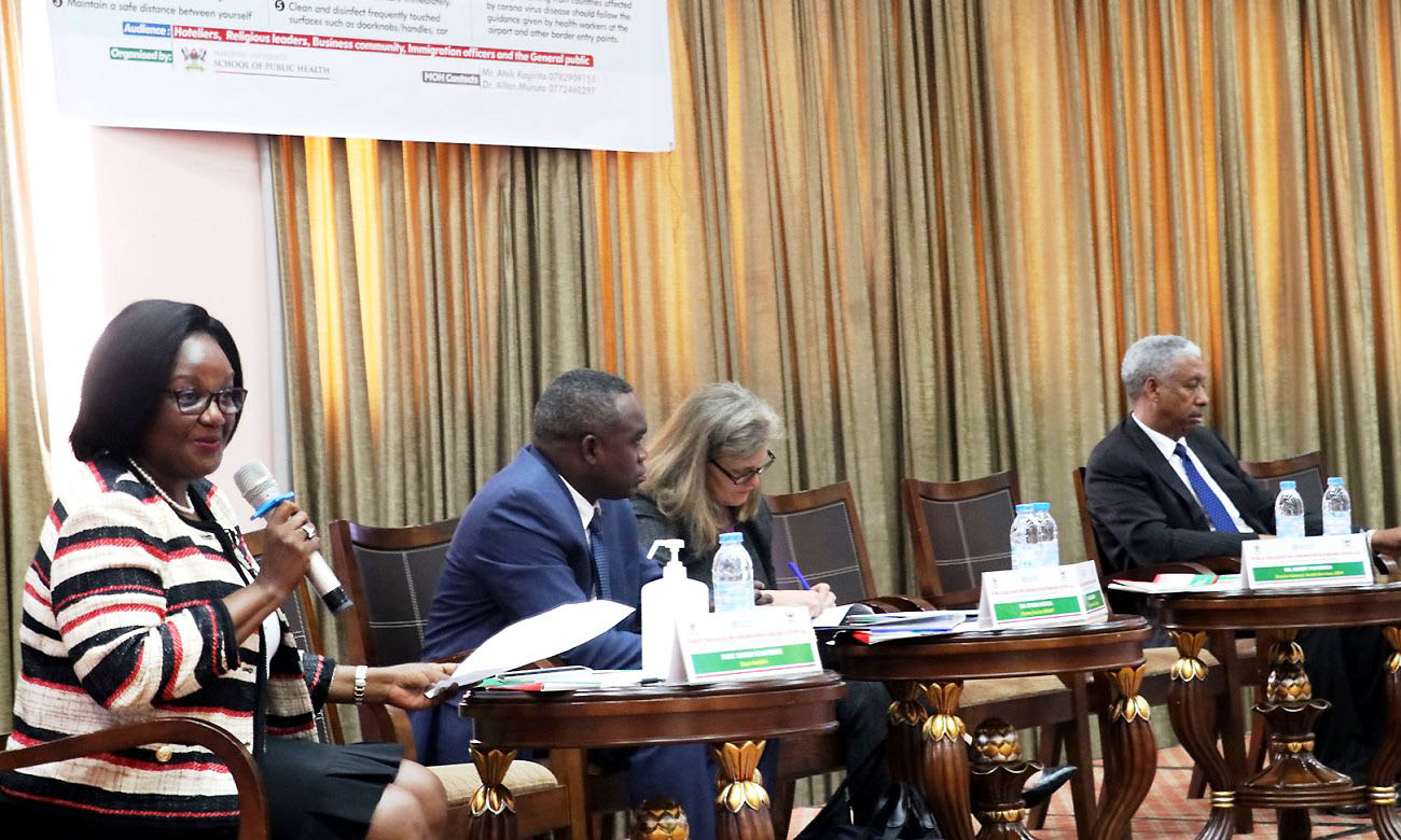 The Dean, MakSPH-Prof. Rhoda Wanyenze, Director, AFENET-Mr. Simon Antara, CDC Uganda Country Director-Dr. Lisa J. Nelson and WHO Country Representative-Dr. Yonas Tegegn Woldemariam at the COVID-19 Public Dialogue, 13th March, 2020, Imperial Royale Hotel, Kampala Uganda.