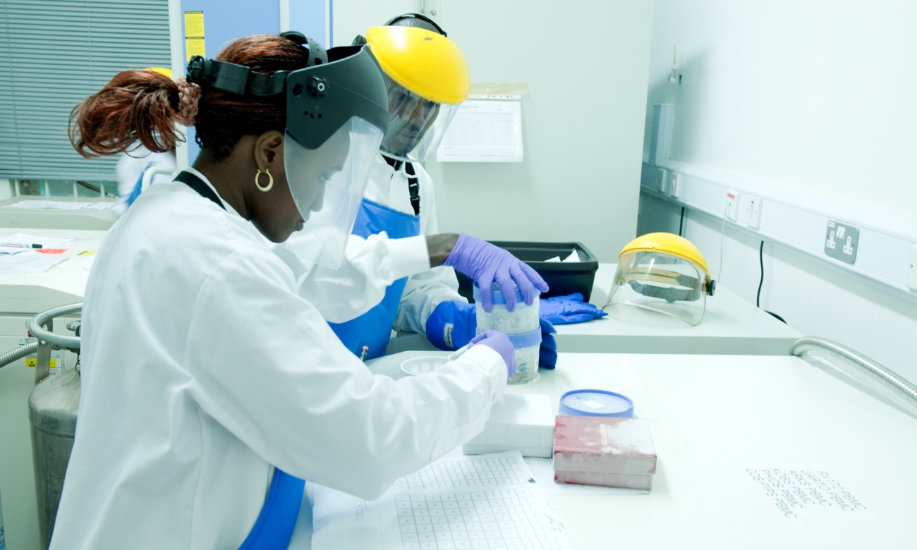 Users handle specimen in one of the state-of-the-art Labs at the College of Health Sciences (CHS), Makerere University, Kampala Uganda.