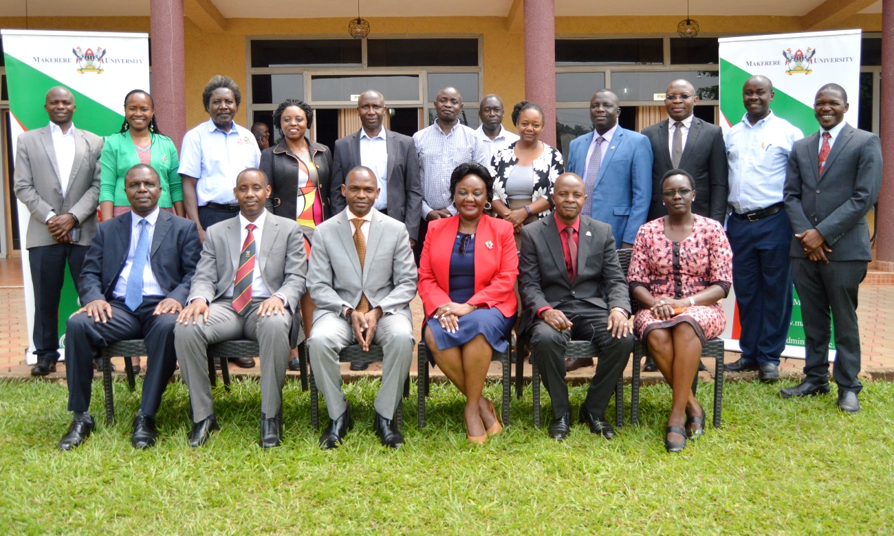 Front row: The DVCAA and Founding Patron Deans' Forum-Dr. Umar Kakumba (3rd Left) with L-R: Dr. Gilbert Maiga, Dr. Aaron Mushengyezi, Prof. Rhoda Wanyenze, Dr. Edward Bbaale and Dr. Betty Ezati. Back Row L-R: Dr. James Wokadala, Dr. Sarah Ssali, Dr. Patrick Mangeni, Prof. Damalie Nakanjako, Dr. Robert Tweyongyere, Prof. Moses Joloba, Dr. Alex Okot, Dr. Dorothy Okello, Prof. Constant Okello-Obura, Dr. Ronald Bisaso, Dr. Andrew Ellias State and Dr. Freddy Kitutu at the Inaugural Deans' Forum, 26th Feb 2020