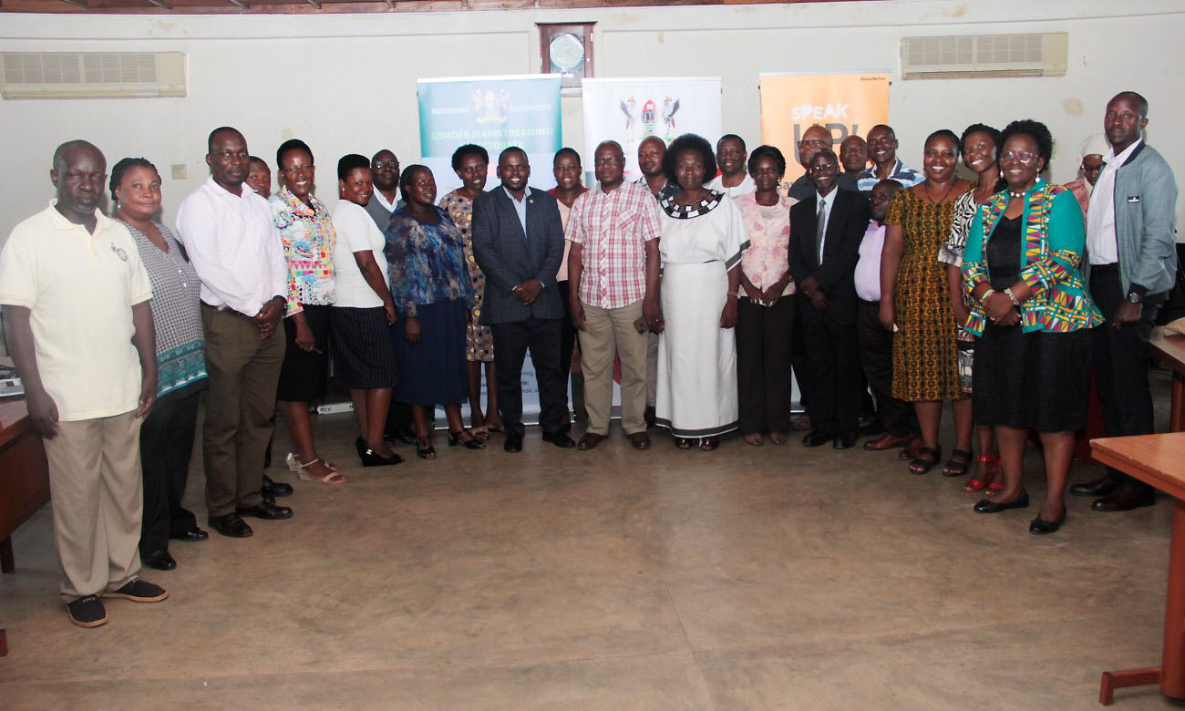 Heads of units in the Colleges Education and External Studies (CEES), Humanities and Social Sciences (CHUSS), Computing and Information Sciences (CoCIS) and School of Law in a group photo with the Ag. Director, Gender Mainstreaming Dr. Euzobia Baine Mugisha (4th Right) after the half-day workshop on 13th March 2020, Makerere University, Kampala Uganda.