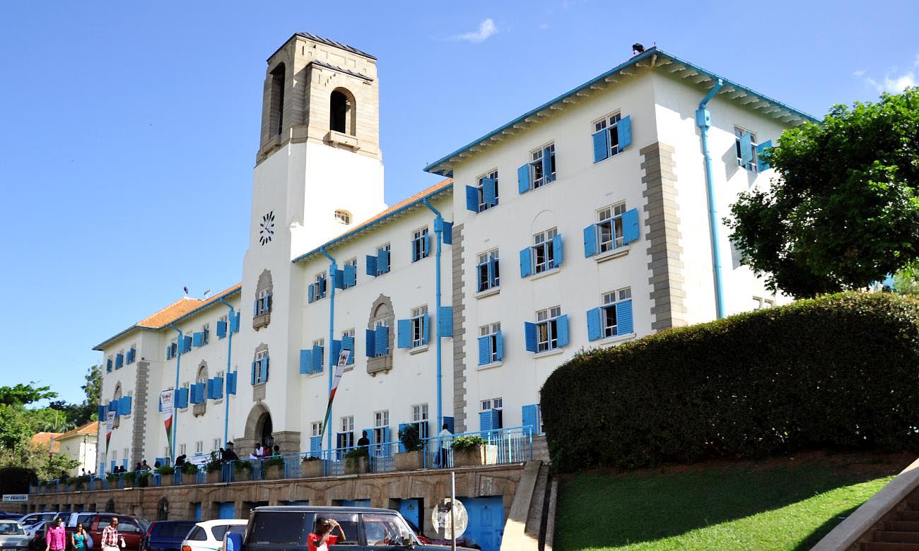 The Main Building, Makerere University against an almost clear blue sky. Date taken 15th March 2013, Kampala Uganda.