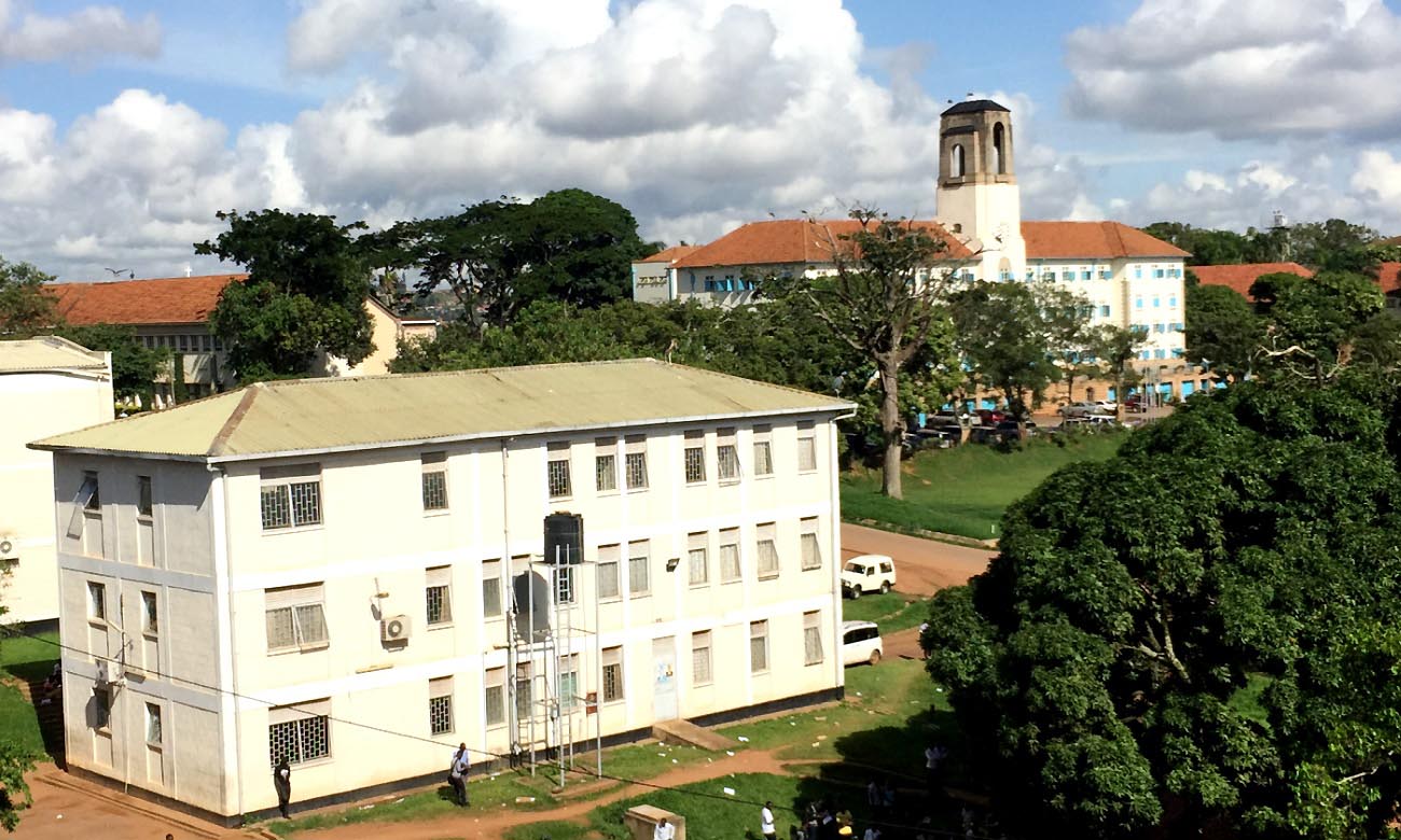 The Main Building (Background) and School of Social Sciences (Foreground) as seen from Senate Building, Makerere University, Kampala Uganda. Date taken: 15th May 2015