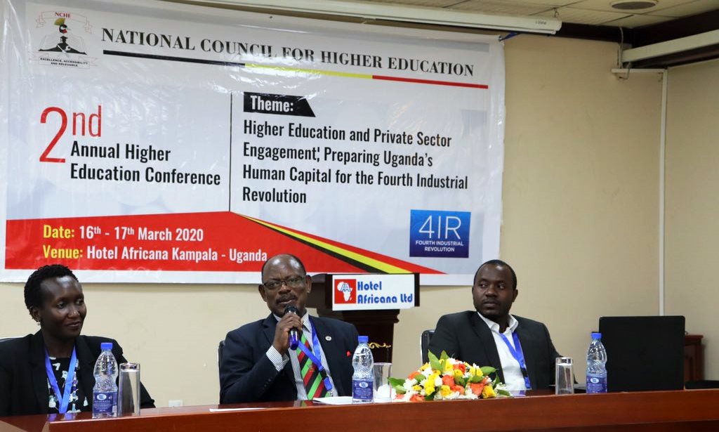The Vice Chancellor-Prof. Barnabas Nawangwe (Centre) chairs the session on Artificial Intelligence at the 2nd Annual NCHE Conference on the 4th Industrial Revolution (4IR) on 16th March 2020, Hotel Africana, Kampala Uganda.