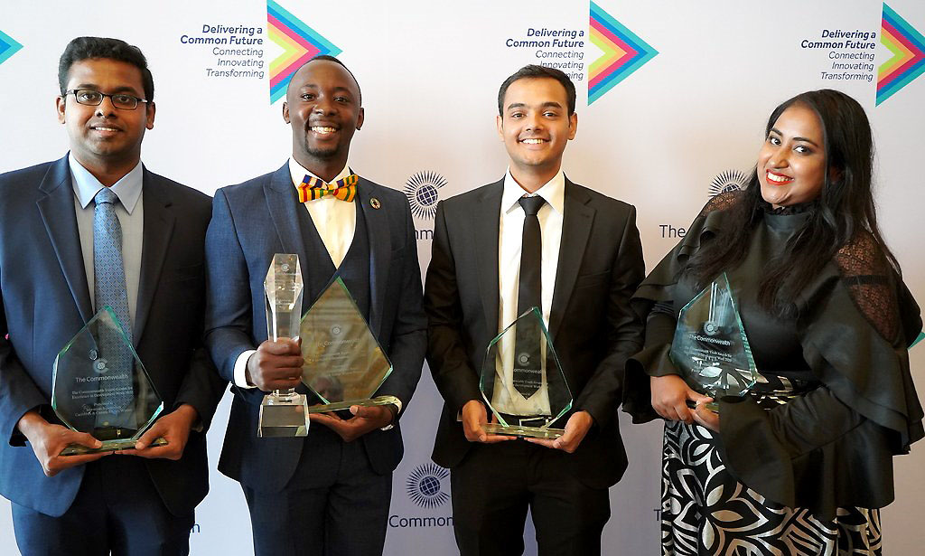 Makerere University Alumnus, Mr. Kakembo Galabuzi Brian-2020 Commonwealth Young Person of the Year Overall Prize Winner (2nd Left) together with fellow winners L-R: Sowmyan Jegatheesan-Canada, Hafiz Usama Tanveer-Pakistan and Sagufta Salma-Fiji after the Award Ceremony on 11th March 2020, London, UK. Photo credit: The Commonwealth
