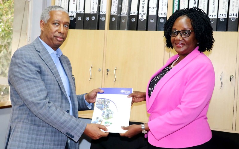 Prof. Rhoda Wanyenze, Dean School of Public Health (Right) and Dr. Yonas Tegegn Woldemariam, the WHO, Country Representative to Uganda (Left) exchange an MoU signed between the two institutions on 27th March 2019 at Makerere University, Kampala Uganda. MakSPH together with the Ministry of Health, WHO, CDC Uganda and other partners have been at the forefront of the fight against COVID-19.