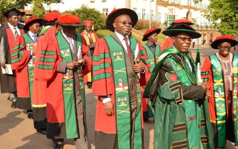 The Director DRGT-Prof. Buyinza Mukadasi (2nd R Black Cap) and other staff join in the Academic Procession on Day 1 of the 70th Graduation Ceremony, 14th January 2020, Makerere University, Kampala Uganda.