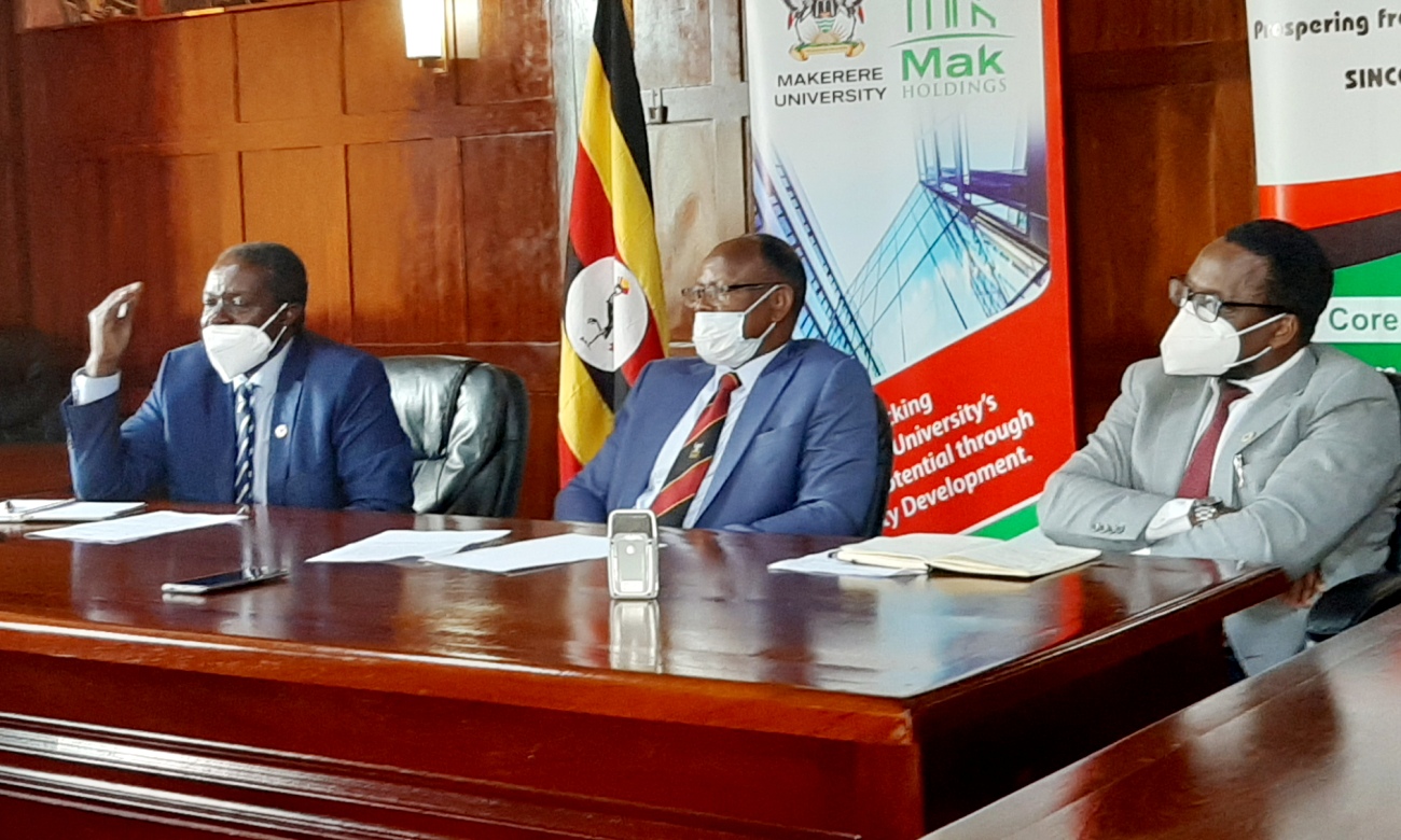 The Vice Chancellor-Prof. Barnabas Nawangwe (Centre) flanked by COVIDEPI PIs Dr. Bruce Kirenga (Right) and Ag. DVCFA-Prof. William Bazeyo (Left) during presentation of preliminary findings on index COVID-19 patients in Uganda on 26th May 2020, Makerere University, Kampala Uganda.
