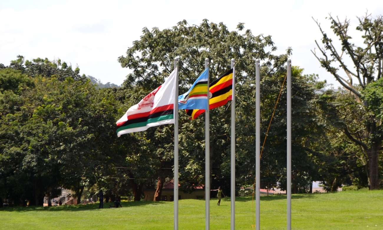 The Makerere, East Africa and Uganda Flags fly in the wind on flagpoles overlooking the Freedom Square, Makerere University, Kampala Uganda.