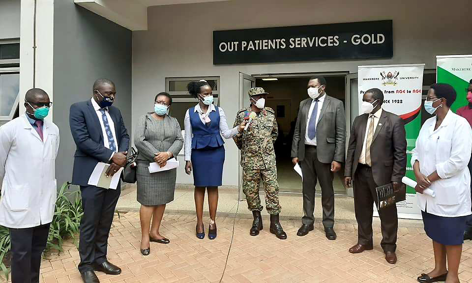 Ag. DVCFA and Chair Mak-RIF GMC-Prof. William Bazeyo (2nd Right) with Dr. Charles Olaro (3rd Right) and representatives from other partner institutions during the launch of the COVIDIT Study, 16th June 2020, Mulago National Referral Hospital, Kampala Uganda.