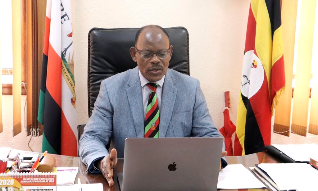 The Vice Chancellor Prof. Barnabas Nawangwe addresses the first Press Conference covering Makerere University's contribution to the fight against the spread and management of COVID-19 in Uganda, 21st April 2020.