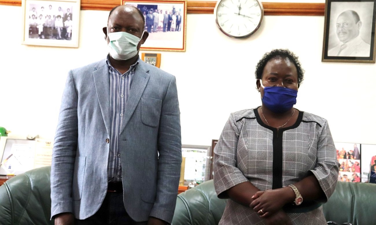 The Vice Chancellor-Prof. Barnabas Nawangwe (Left) with the Woman MP for Masaka District-Hon. Mary Babirye Kabanda (Right) after the courtesy call on 13th May 2020, Makerere University, Kampala Uganda.