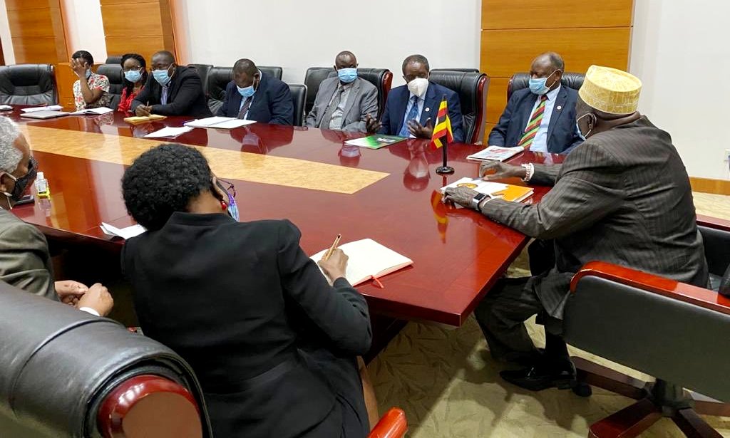 The Acting Prime Minister, Rt. Hon. Moses Ali (Right) chairs the meeting attended by the Vice Chancellor-Prof. Baranbas Nawangwe (2nd Right), Ag. DVCFA-Prof. William Bazeyo (3rd Right) and other officials on 17th June 2020, Office of the Prime Minister, Kampala Uganda.