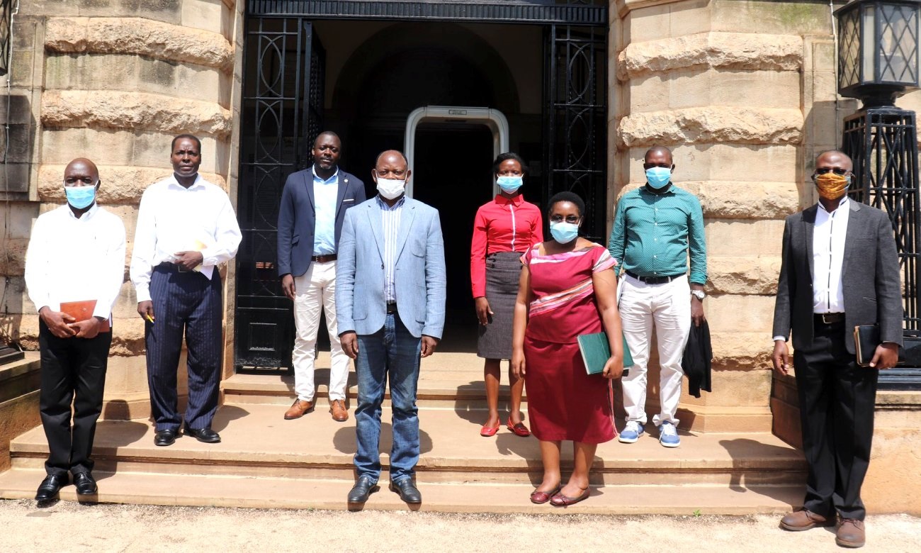 Front Row: The Vice Chancellor-Prof. Barnabas Nawangwe (2nd Left) and Vision Group Editor-in-Chief Barbara Kaija (2nd Right) pose for a group photo with Makerere University leadership and Vision Group Staff after the meeting on 27th May 2020, Kampala Uganda.
