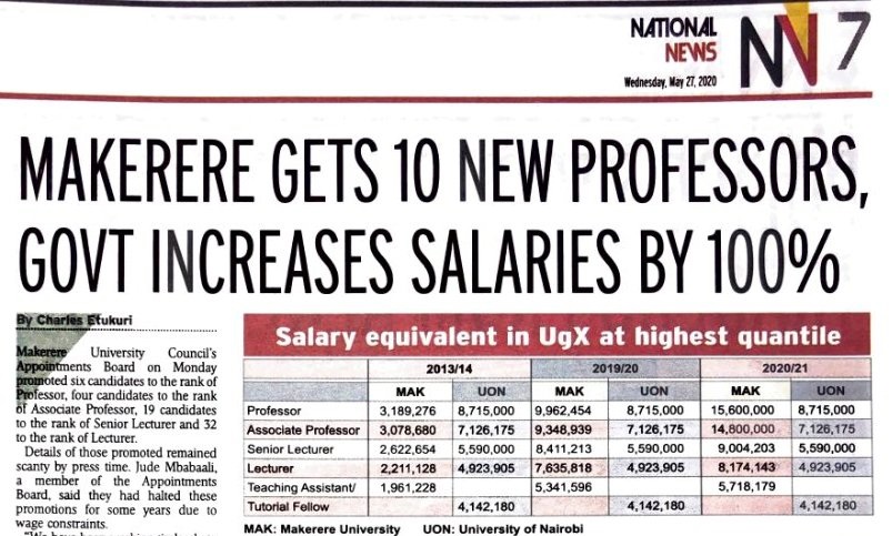 A snapshot of the New Vision Newspaper's 27th May 2020 article detailing staff promotions at Makerere University, Kampala Uganda.