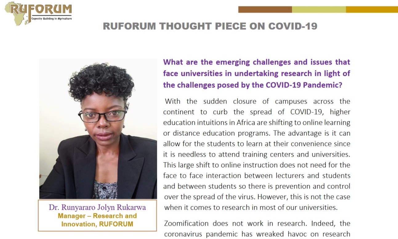 RUFORUM Thought Piece on COVID-19 by Dr. Runyararo Jolyn Rukarwa, Manager–Research and Innovation, RUFORUM.