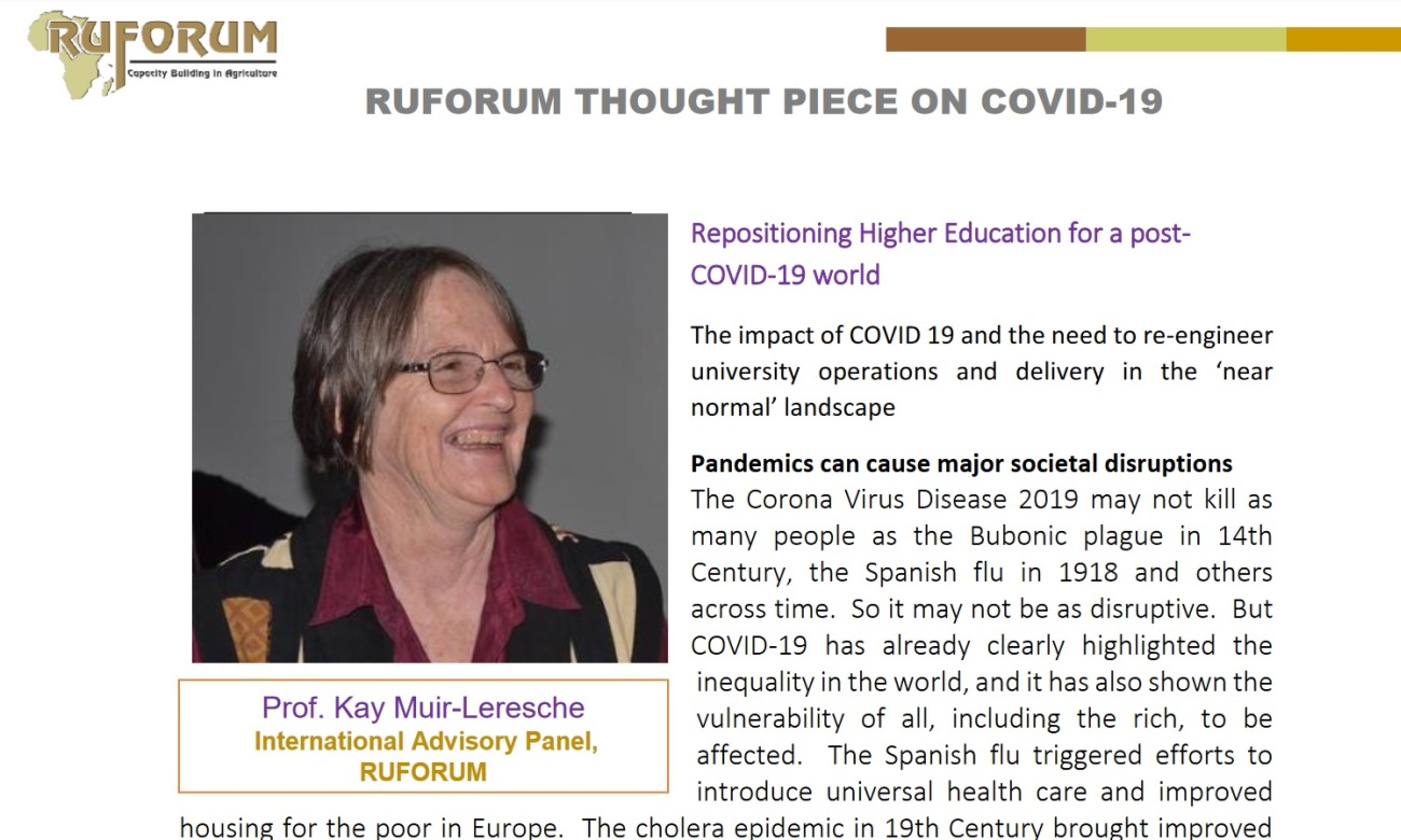 RUFORUM Thought Piece on COVID-19 by Prof. Kay Muir-Leresche, International Advisory Panel, RUFORUM