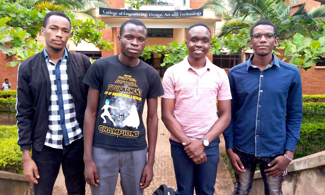 The Team that won Silver at the Efficiency for Access Design Challenge on 29th June 2020, L-R: Ampaire Everest, Wanjala Fred, Musingo Ivan and Masembe Reagan poses for a photo at the CEDAT Building, Makerere University, Kampala Uganda.