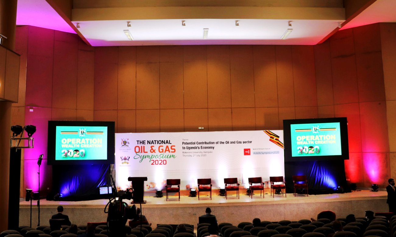 The stage at the CTF2 Auditorium on 2nd July 2020, all set for the First National Oil and Gas Symposium organised by Operation Wealth Creation (OWC) and Makerere University, Kampala Uganda.
