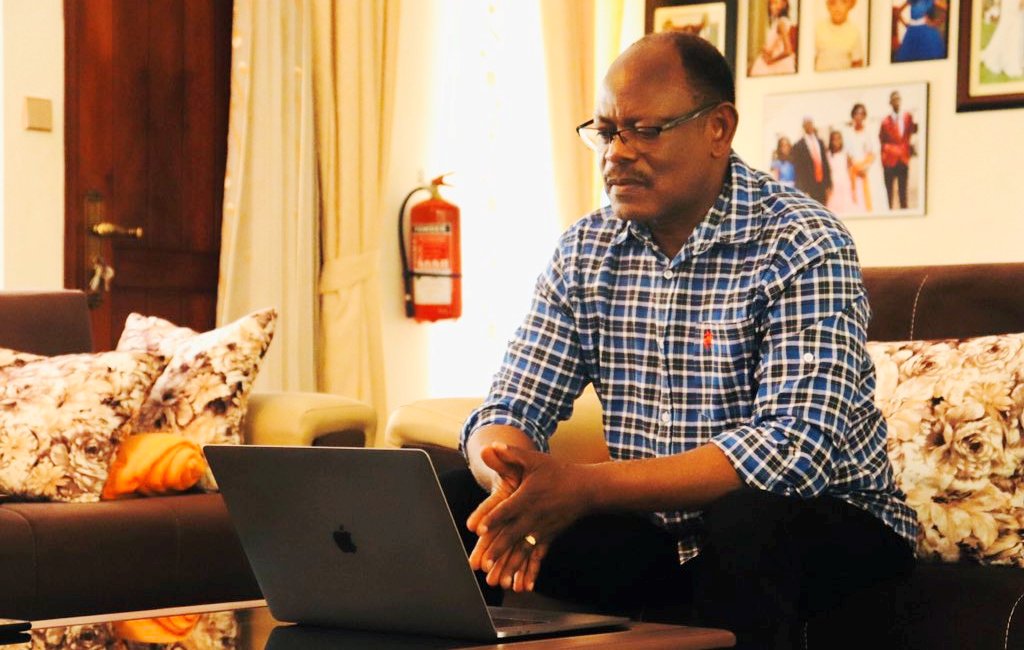 Prof. Barnabas Nawangwe chairs the first online meeting of Central Management in a bid to observe social distancing on 6th April 2020, Makerere University, Kampala Uganda.