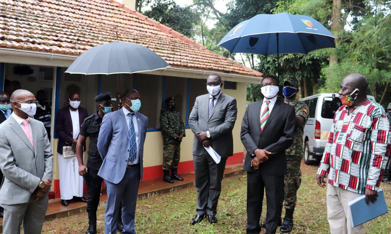 The Vice Chancellor-Prof. Barnabas Nawangwe (2nd L), Katikkiro of Buganda-Owek. Charles Peter Mayiga (2nd R), DVCAA-Assoc. Prof. Umar Kakumba (L), Deputy Katikkiro-Owek. Robert Waggwa Nsibirwa (3rd R) and Assoc. Prof. Kizito Maria Kasule (R) inspect the Muteesa II Museum gardens during the visit on 16th July 2020, Makerere University, Kampala Uganda.