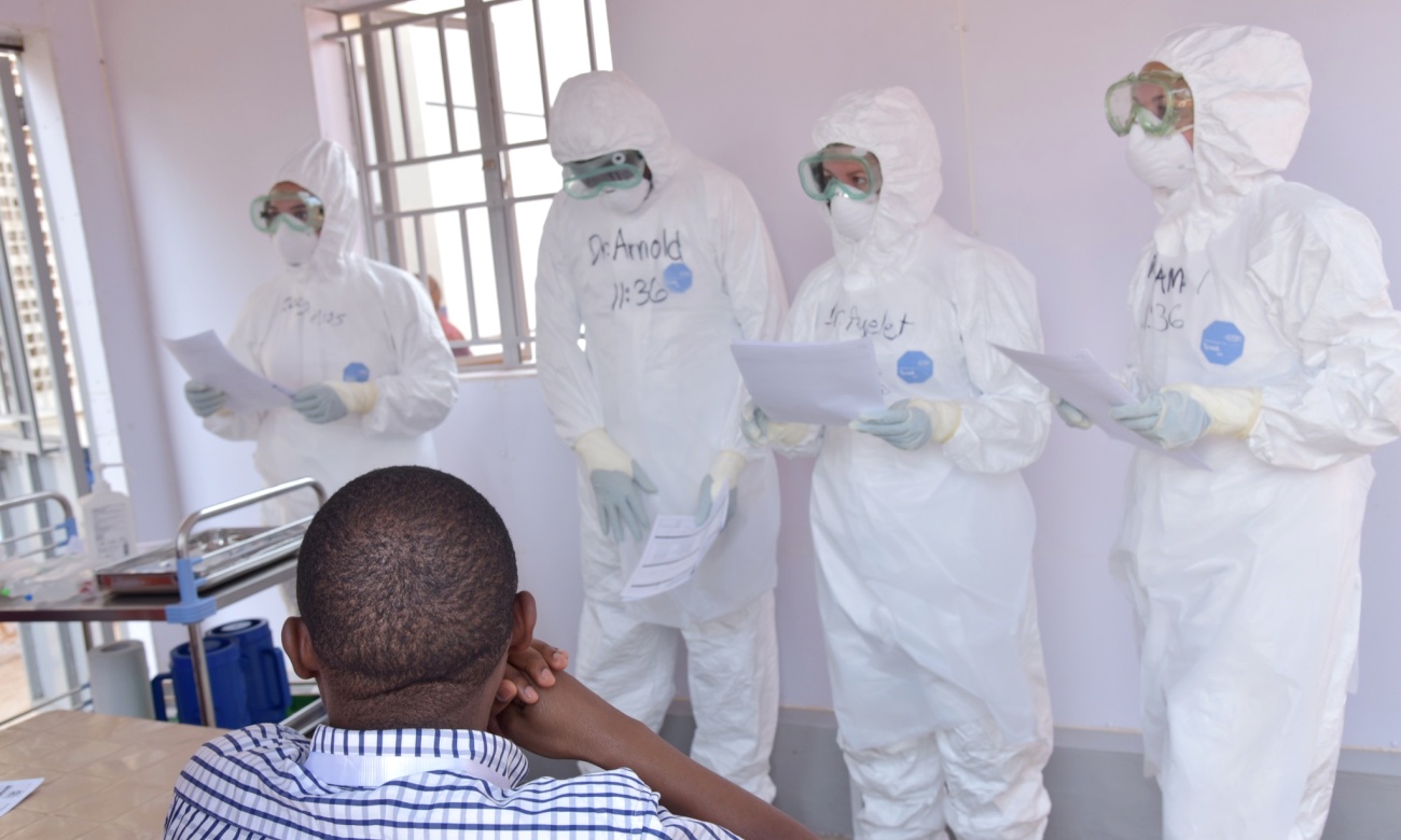 Staff at the Infectious Diseases Institute (IDI) Makerere University, Kampala Uganda dressed in Personal Protective Equipment (PPE) during an exercise. Photo credit: IDI