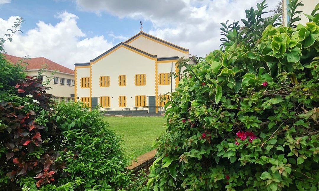 A rear view of the St. Francis Chapel and Quadrangle as seen from the Main Building Walkway, Makerere University, Kampala Uganda.