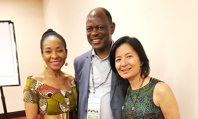 The Vice Chancellor, Prof. Barnabas Nawangwe (Centre) with Prof. Prof. Mamokgethi Phakeng-UCT Vice Chancellor (Left) and Reeta Roy-President and CEO Mastercard Foundation (MCF) during the MCF Meeting on 24th October 2018, The Kempinski, Accra Ghana.