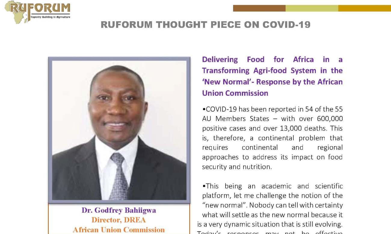 RUFORUM Thought Piece on COVID-19 by Dr. Godfrey Bahiigwa Director, Department of Rural Economy and Agriculture (DREA) African Union Commission