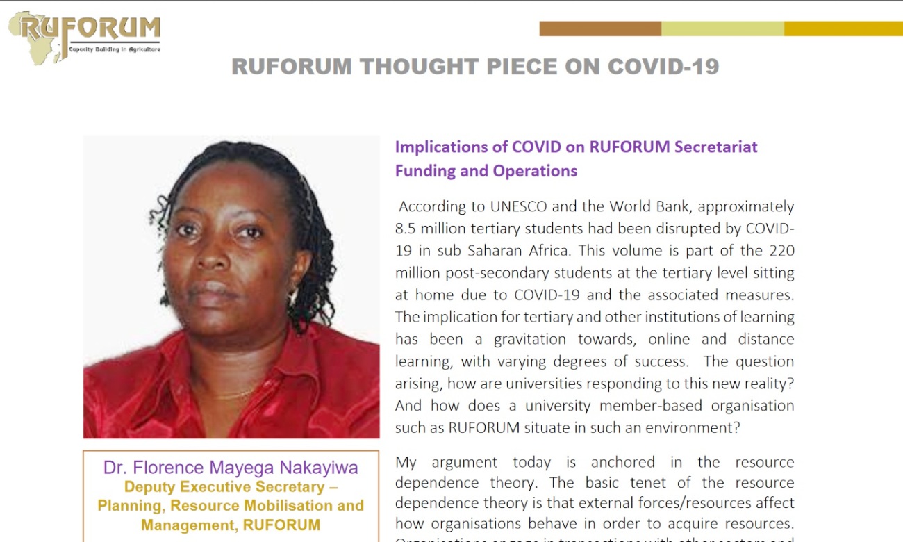 RUFORUM Thought Piece on COVID-19: Implications of COVID on RUFORUM Secretariat Funding and Operations by Dr. Florence Mayega Nakayiwa, Deputy Executive Secretary–Planning, Resource Mobilisation and Management, RUFORUM