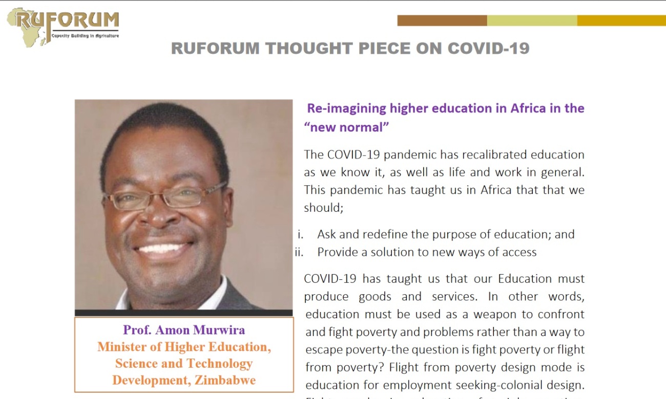RUFORUM Thought Piece on COVID-19: Re-imagining higher education in Africa in the “new normal” by Prof. Amon Murwira, Minister of Higher Education, Science and Technology Development, Zimbabwe