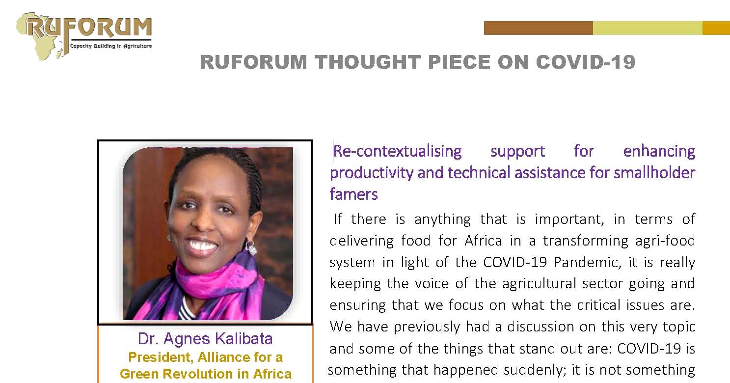 RUFORUM Thought Piece on COVID-19 by Dr. Agnes Kalibata, President, Alliance for a Green Revolution in Africa (AGRA)