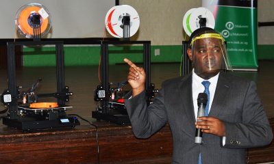 Prof. Noble Banadda-Project PI and Chair, Department of Agricultural and BioSystems Engineering explaining how 3D printed face shields are made at a press conference held on 28th August 2020 in the Main Hall, Makerere University, Kampala Uganda.