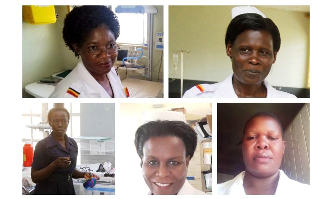 A photo montage of Midwives Top L-R: Agnes Batani and Maureen Babine, Bottom L-R: Maburuka Anguparu, Annette Kanyunyuzi and Rosemary Mpawuliba. Photo credit: Makerere University Centre of Excellence for Maternal Newborn and Child Health (MNCH).