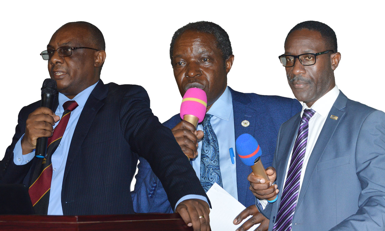A photo montage of [L-R] Professor Anthony Mugisha, Professor William Bazeyo and Associate Professor Allan Mulengani Katwalo - candidates for the Position of Deputy Vice Chancellor (Finance and Administration). The trio held Public Presentations on 10th August 2020 in the Main Hall, Makerere University, Kampala Uganda.