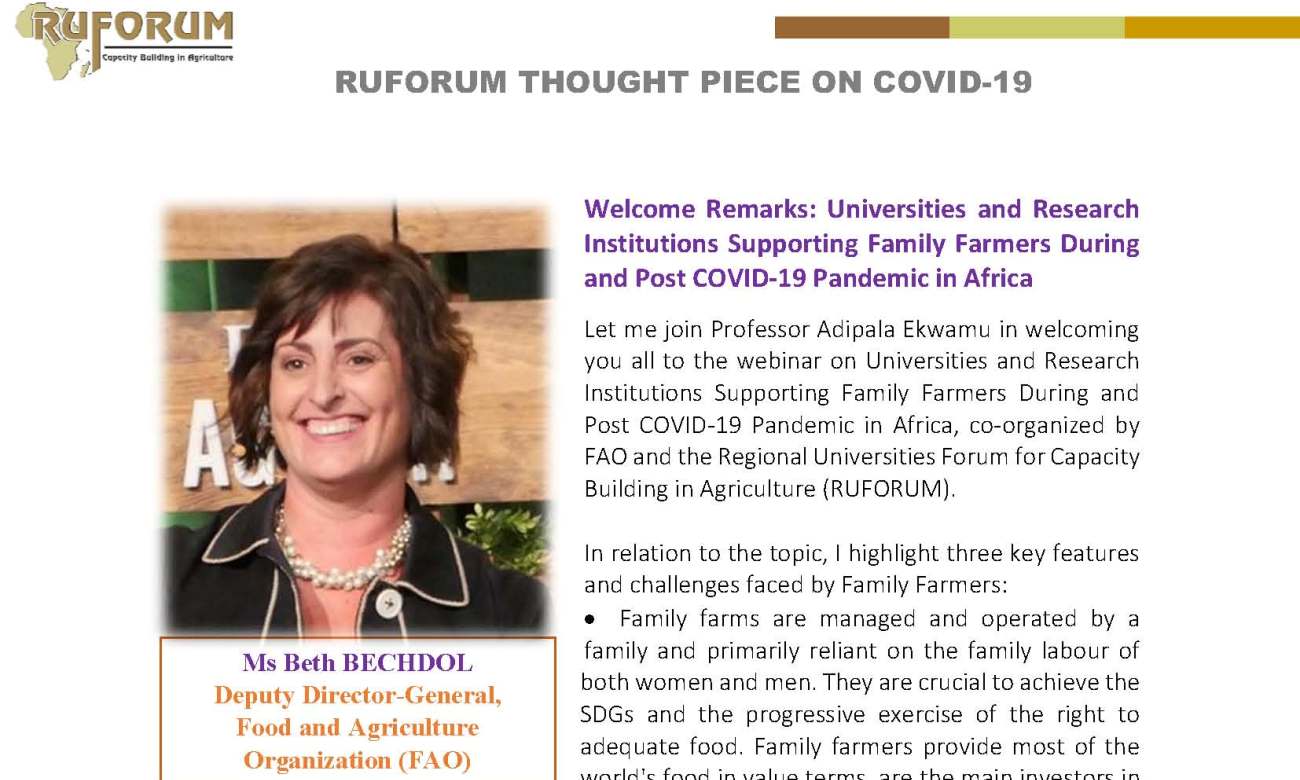 RUFORUM Thought Piece on COVID-19 by Ms Beth Bechdol, Deputy Director-General, Food and Agriculture Organization (FAO)